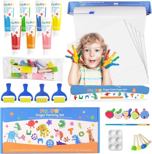 Funto Waschbares Fingerfarbe Set, Ungiftige Fingerfarben für kinder Kunstmalbedarf, einschließlich Fingermalpapierrolle, Fingerfarben, Aufbewahrungstasche, Pinselset von Funto