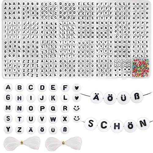 Funtopia 1200 Stück Buchstabenperlen, A - Z Ä Ö Ü ß Rund 4x7mm Buchstaben Perlen zum Auffädeln mit 50pcs Herz & Smile Perlen, 500pcs Perlen 2mm Armband Bastelset (30 Buchstabenperlen mit je 40stk) Funtopia 1200 Stück Buchstabenperlen, A - Z Ä Ö Ü ß Rund 4x7mm Buchstaben Perlen zum Auffädeln mit 50pcs Herz & Smile Perlen, 500pcs Perlen 2mm Armband Bastelset (30 Buchstabenperlen mit je 40stk) von Funtopia