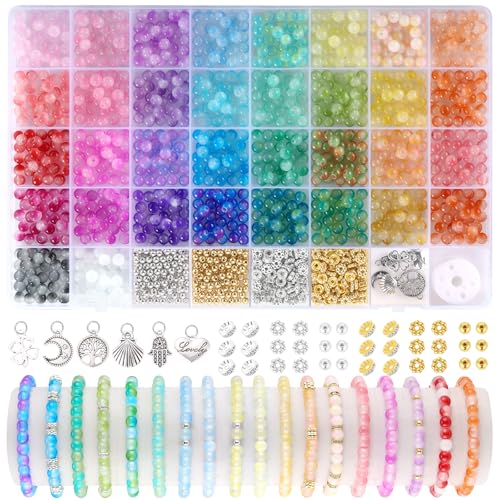 Funtopia 1400 Stück Glasperlen, 6mm 34 Farben Perlen für Armbänder, Perlen Set für Armband Basteln von Funtopia