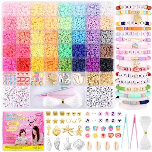 Funtopia 5300 Stück Perlen für Armbänder, 40 Farben Heishi Perlen Set mit Buchstabenperlen Polymer Clay Perlen, Armbänder Selber Machen für Mädchen und Kinder von Funtopia