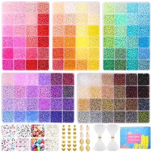 Funtopia Rocailles-Perlen für Schmuckherstellung, kleine Glasperlen für Armbänder, Freundschaftsarmband-Set mit Alphabet-Buchstaben, Smiley-Gesichtsperlen für DIY, Kunst und Handwerk, 37.000 Stück + von Funtopia