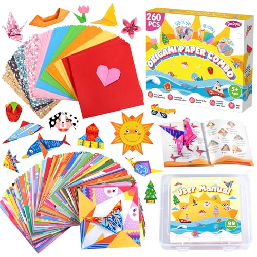 Origami-Papier für Kinder ab 5–8 Jahre,Funtopia 260 Blatt Origami-Papier mit 99 Mustern und Anleitungsbuch,Basteln Fürmädchen Kreativ-Set Lieferungen,Spielzeug für Reisen, Schule,Urlaub,Aktivitäten von Funtopia