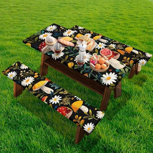 Fuojuvelie Picknick-Tischdecke mit Bankabdeckungen, 2,4 m, winddicht, Pilzmotiv, Campingausrüstung, 3 Stück, Outdoor-Tischdecke, passend für 2,4 m rechteckige Tische von Fuojuvelie