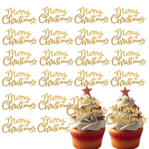 Cupcake-Topper mit Aufschrift "Merry Christmas", Acryl, minimalistische Kuchendekorationen für Weihnachten, Feiertage, Geburtstag, Partyzubehör (20 Stück, Gold), 20 Stück von Furimuk