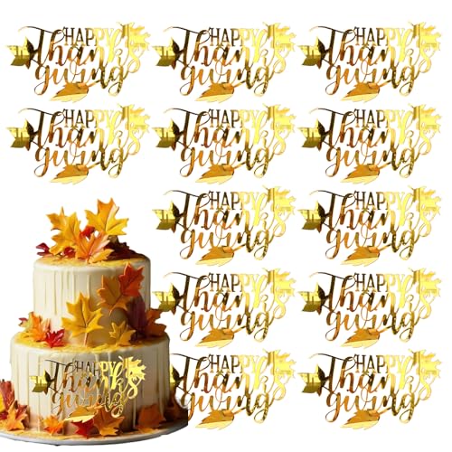 Tortenaufsätze mit Herbstblattmotiv, "Happy Thanksgiving", Buchstabendekoration, goldene Seite, Kuchendekoration für Herbst, Erntedankfest, Party, Kuchen, Dessert, Dekoration, Zubehör (D12), 12 Stück von Furimuk