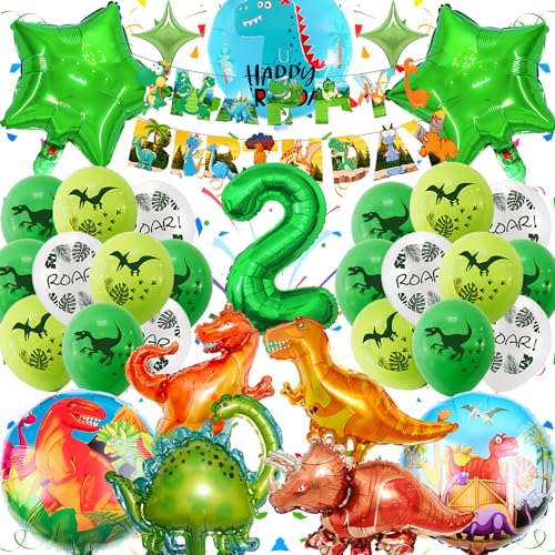 Dino Geburtstag Deko 2 Jahre, Dinosaurier Luftballon Geburtstag Grün, Dino Deko Kindergeburtstag Junge mit Grün 3D Folien Dino Luftballon für Safari Dschungel Geburtstag Party Kinder Dekoration von Fusi Di