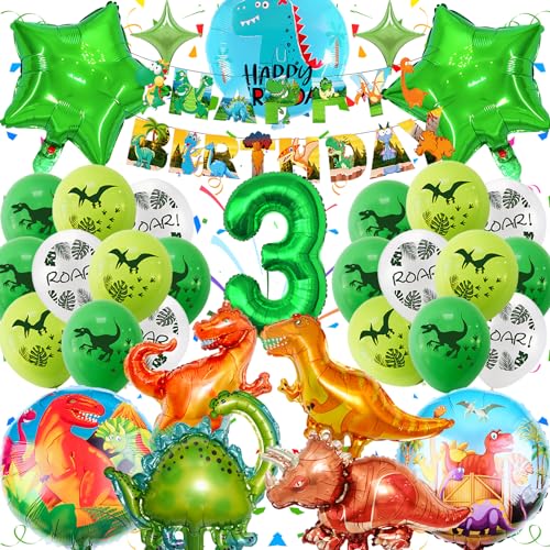 Dino Geburtstag Deko 3 Jahre, Dinosaurier Luftballon Geburtstag Grün, Dino Deko Kindergeburtstag Junge mit Grün 3D Folien Dino Luftballon für Safari Dschungel Geburtstag Party Kinder Dekoration von Fusi Di