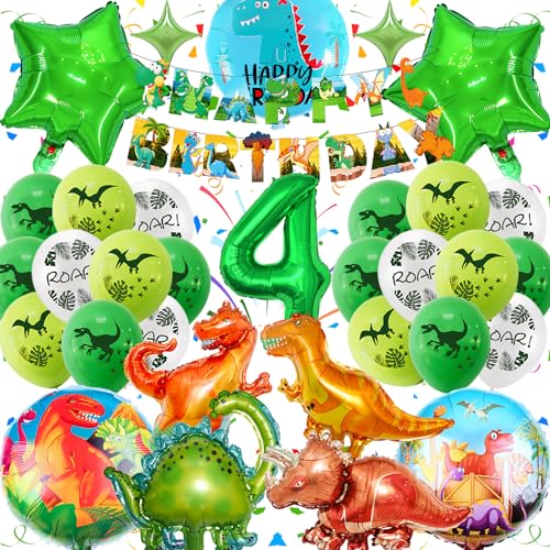 Dino Geburtstag Deko 4 Jahre, Dinosaurier Luftballon Geburtstag Grün, Dino Deko Kindergeburtstag Junge mit Grün 3D Folien Dino Luftballon für Safari Dschungel Geburtstag Party Kinder Dekoration von Fusi Di