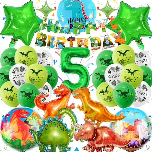 Dino Geburtstag Deko 5 Jahre, Dinosaurier Luftballon Geburtstag Grün, Dino Deko Kindergeburtstag Junge mit Grün 3D Folien Dino Luftballon für Safari Dschungel Geburtstag Party Kinder Dekoration von Fusi Di