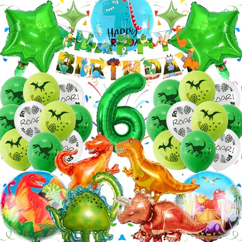 Dinosaurier Luftballon 6. Geburtstag Grün, Dino Geburtstag Deko 6 Jahre, Dino Deko Kindergeburtstag Junge mit Grün 3D Folien Dino Luftballon für Safari Dschungel Geburtstag Party Kinder Dekoration von Fusi Di