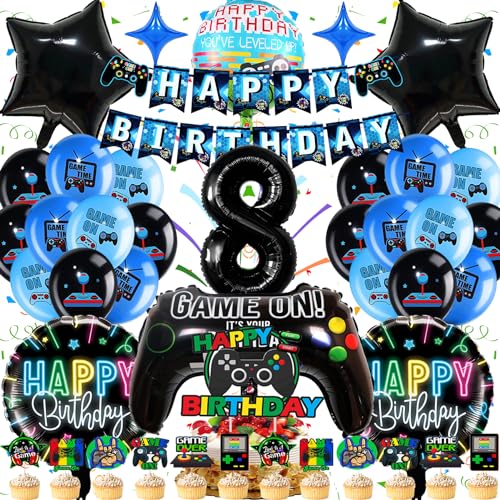 Gamer Geburtstagsdeko 8 Jahre, Gamer Deko Geburtstag Junge, Luftballons Videospiel Geburtstagsdeko, Videospiel Party Deko mit Gamecontroller Folienballon,Happy Birthday Banner Schwarz Blau Ballons Set von Fusi Di