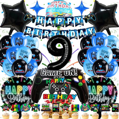 Luftballons Videospiel Geburtstagsdeko,Gamer Deko Geburtstag Junge, Gamer Geburtstagsdeko 9 Jahre, Videospiel Party Deko mit Gamecontroller Folienballon,Happy Birthday Banner Schwarz Blau Ballons Set von Fusi Di