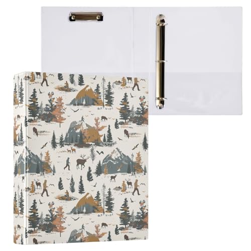 Bear Elch Mountain Outdoor Themed Hiking 3-Ringbuch 3,8 cm dekorativer D-Ringordner mit Klemmbrett und 3 transparenten Taschen, hält 200 Blatt A4-Papier, wasserdichte Ordner für Schule, Zuhause, Büro von Fustylead