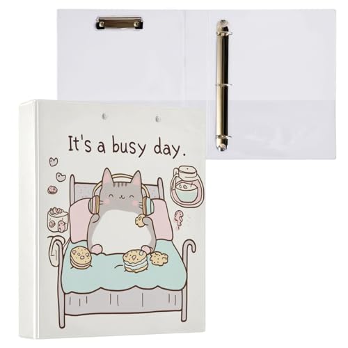 Cute & Funny Cartoon Cat Happy Kitty 3-Ringbuch, 3,8 cm, dekorativer D-Ringordner mit Klemmbrett und 3 transparenten Taschen, hält 200 Blatt A4-Papier, wasserdichte Ordner für Schule, Zuhause, Büro von Fustylead