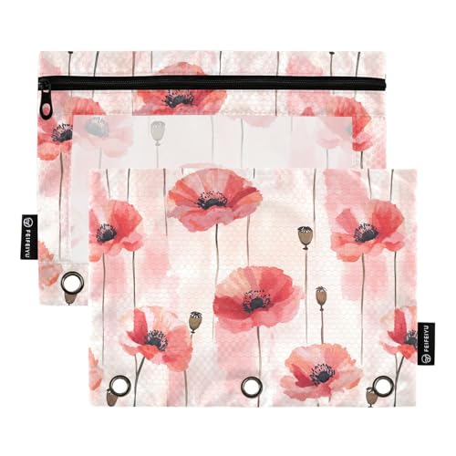 Fustylead Abstrakte Aquarell-rote Mohnblumen, 2 Stück, Bleistiftbeutel für 3-Ringordner, großes Fassungsvermögen, Federmäppchen mit transparentem Fenster, für Schule, Büro, Kosmetik, Kinderbedarf von Fustylead