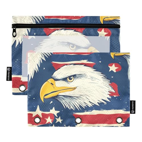 Fustylead Federmäppchen mit Adler und amerikanischer Flagge, für 3-Ringbücher, Reißverschlusstasche mit transparentem Fenster, Federmäppchen für Zuhause, Büro, Schule, Kinder, Lieferanten, 2 Stück von Fustylead