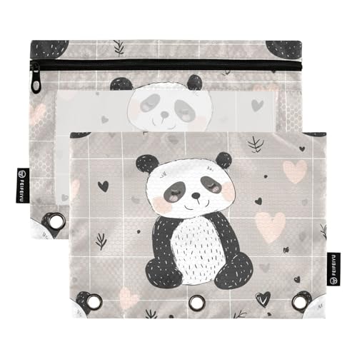 Fustylead Niedlicher Panda auf Raster, grauer Hintergrund mit Herzen, 2 Stück, Bleistiftbeutel für 3-Ringordner, große Kapazität, Binder-Bleistifttasche mit transparentem Fenster, für Schule, Büro von Fustylead