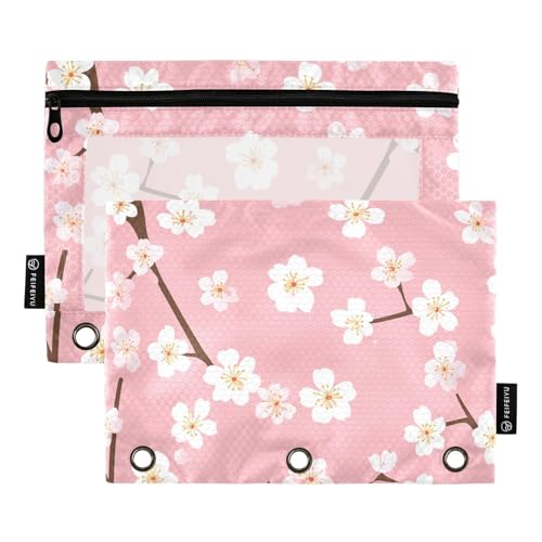 Fustylead Weiße Kirschblüten auf rosa Hintergrund, 2 Stück, Bleistiftbeutel für 3-Ringordner, große Kapazität, Binder-Bleistifttasche mit transparentem Fenster für Schule, Büro, Kosmetik, Kinderbedarf von Fustylead