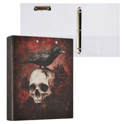 Ringbuch mit 3 Ringen, Gothic-Totenkopf mit Krähe und roten Rosen, 3,8 cm, dekorativer D-Ringordner mit Klemmbrett und 3 transparenten Taschen, hält 200 Blatt A4-Papier, wasserdichte Ordner für Schule von Fustylead