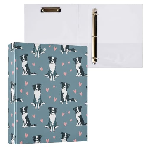 Süßes handgezeichnetes Border Collie und rosa Herzen, 3,8 cm, dekorativer D-Ringordner mit Klemmbrett und 3 transparenten Taschen, hält 200 Blatt A4-Papier, wasserdichte Ordner für Schule, Zuhause von Fustylead