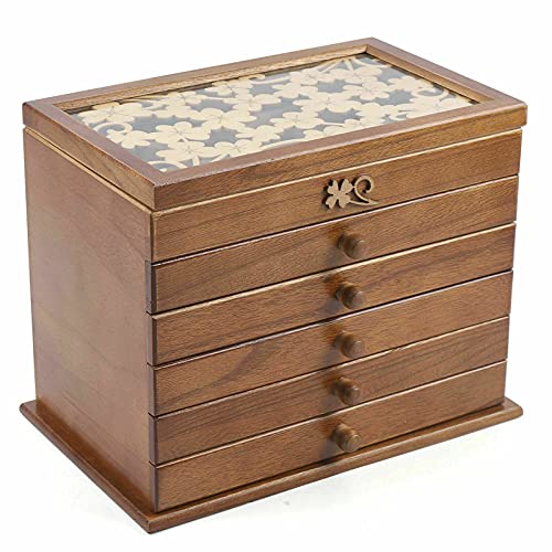 Futchoy Schmuckschatulle 6 Ebenen mit Blumenschnitzerei für Halsketten Ohrringe Armbänder Ringe Schmuckkoffer Schmuckkiste Holz Braun von Futchoy