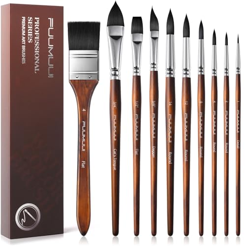 Aquarellpinsel set - 10er Professionell Synthetisches Eichhörnchenhaar Pinsel mit Flachpinsel für Aquarell,Wasserfarben | Künstlerpinsel für Hohe Absorption und konstanten Farbfluss | Watercolor Brush von Fuumuui