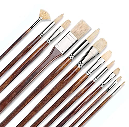 Borstenpinsel Set Malen, 11 Stück 100% Natur Chungking Reinborsten Künstlerpinsel mit Einer kostenlosen Tragebox | Ideales Pinsel Set für Ölmalerei,acrylfarben,Gouache | Braun von Fuumuui