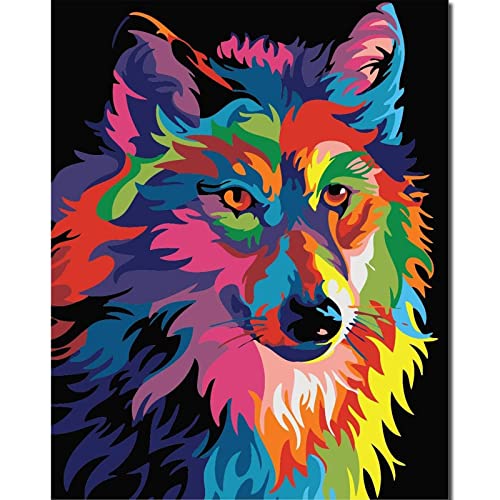Fuumuui Malen Nach Zahlen Erwachsene und Kinder Anfänger Gemälde inklusive Pinsel und Acrylfarben 40 x 50 cm - Tiere, Bunter Wolf von Fuumuui
