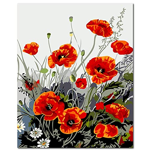 Fuumuui Malen Nach Zahlen Erwachsene und Kinder Anfänger Gemälde inklusive Pinsel und Acrylfarben 40 x 50 cm - Blumen, Mohnblumen von Fuumuui