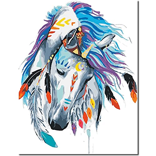 Fuumuui Malen Nach Zahlen Erwachsene und Kinder Anfänger Gemälde inklusive Pinsel und Acrylfarben 40 x 50 cm - Tiere, Weißes Pferdmit Mark von Fuumuui