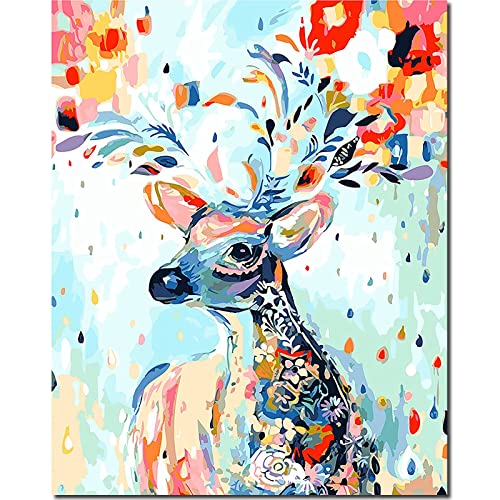 Fuumuui Malen Nach Zahlen Erwachsene und Kinder Anfänger Gemälde inklusive Pinsel und Acrylfarben 40 x 50 cm - Tiere, Blume Hirsch von Fuumuui