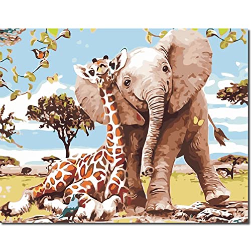 Fuumuui Malen Nach Zahlen Erwachsene und Kinder Anfänger Gemälde inklusive Pinsel und Acrylfarben 40 x 50 cm - Tiere, Elefant und Giraffe von Fuumuui