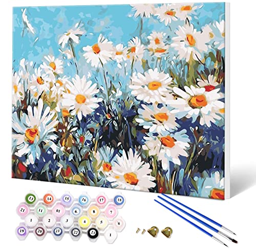 Fuumuui Malen Nach Zahlen Erwachsene und Kinder Anfänger Gemälde mit Rahmen inklusive Pinsel und Acrylfarben 40 x 50 cm - Blumen, Gänseblümchen von Fuumuui