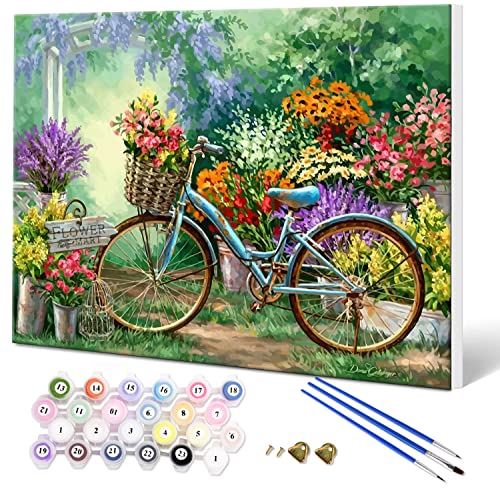 Fuumuui Malen Nach Zahlen Erwachsene und Kinder Anfänger Gemälde mit Rahmen inklusive Pinsel und Acrylfarben 40 x 50 cm - Landschaft, Blumen und Fahrrad von Fuumuui