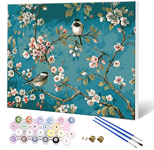 Fuumuui Malen Nach Zahlen Erwachsene und Kinder Anfänger Gemälde mit Rahmen inklusive Pinsel und Acrylfarben 40 x 50 cm - Landschaft, Blumen und Vögel von Fuumuui
