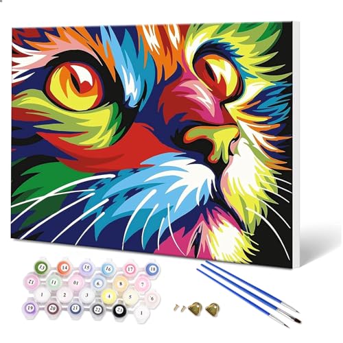 Fuumuui Malen Nach Zahlen Erwachsene und Kinder Anfänger Gemälde mit Rahmen inklusive Pinsel und Acrylfarben 40 x 50 cm - Tiere, Bunte Katze von Fuumuui