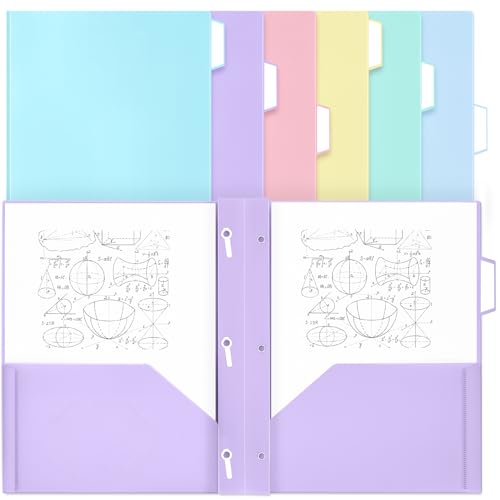 Fuutreo 6 Stück Pastell-Ordner aus Kunststoff, Großpackung mit 2 Taschen und 3 Zinken, mit 1/3 Zuschnitt-Tabs, passend für Papierordner in Briefgröße, Registerkarten für Schule, Büro, Organizer von Fuutreo