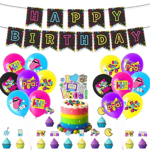 Fuwraixis 80er Jahre Neon Party Ballon Dekoration Kit, 28pcs Retro Hip Hop themed Tortendekoration, mit banner, Pull Blumen, Tortenstecker und Ballons, für Kinder Geburtstag Party Deko Fuwraixis 80er Jahre Neon Party Ballon Dekoration Kit, 28pcs Retro Hip Hop themed Tortendekoration, mit banner, Pull Blumen, Tortenstecker und Ballons, für Kinder Geburtstag Party Deko von Fuwraixis