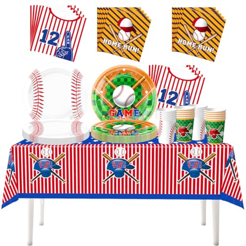 Fuwraixis Baseball Party Geschirr, Sport Mottoparty Pappteller Set, 61 Stück Baseballschläger-Kappe Kinder Geburtstag Geschirr, Geeignet für Jubiläen und Babytaufen von Fuwraixis