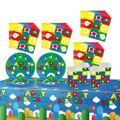 Fuwraixis Cartoon Party Geschirr, Spiel Motto Pappteller Set, 61 Stück Kinder Geburtstag Partydekoration Geschirr, Geeignet für Jubiläen und Babytaufen von Fuwraixis