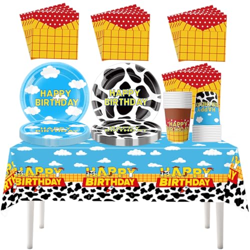 Fuwraixis Cartoon Story Party Geschirr, Zeichentrickfilm Mottoparty Pappteller Set, 61 Stück Spielzeug Kinder Geburtstag Geschirr, Geeignet für Jubiläen und Babytaufen von Fuwraixis