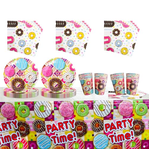 Fuwraixis Donut Party Geschirr, 61 Stück bunt Kinder Geburtstag Geschirr, Cartoon Thema Party Dekoration zubehör set, Pappteller Pappbecher Servietten Tischdecken, für 20 Gäste von Fuwraixis