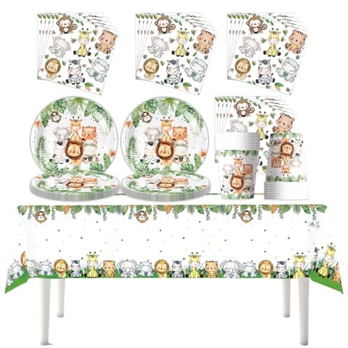 Fuwraixis Dschungeltiere Party Geschirr, Cute Lion Mottoparty Pappteller Set, 61 Stück Tiger Affe Elefant Kinder Geburtstag Geschirr, Geeignet für Jubiläen und Babytaufen von Fuwraixis