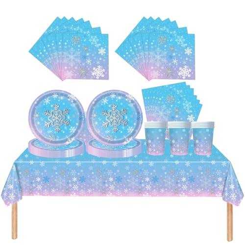 Fuwraixis Frozen Party Geschirr, 61 Stück Snowflakes Kinder Geburtstag Geschirr, Farbverlauf Party Dekoration zubehör set, Pappteller Pappbecher Servietten Tischdecken, für 20 Gäste von Fuwraixis