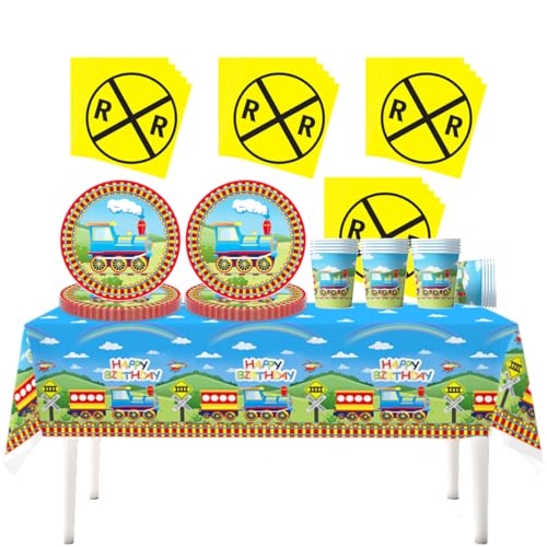 Fuwraixis Kleiner Zug Party Geschirr, 61 Stück Zug Gleise Kinder Geburtstag Geschirr, Regenbogen Wolken Party Dekoration zubehör set, Pappteller Pappbecher Servietten Tischdecken von Fuwraixis