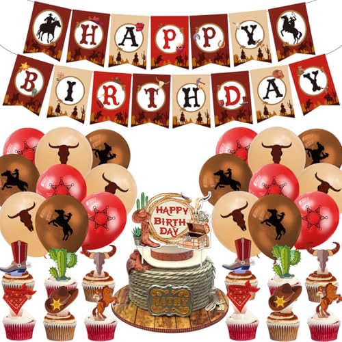 Fuwraixis Western Cowboy Ballon Deko Set, Szenendekoration Partyzubehör, Enthält Geburtstags-Banner, Torteneinsatz und Latexballons, für die Dekoration von Kindergeburtstagen Fuwraixis Western Cowboy Ballon Deko Set, Szenendekoration Partyzubehör, Enthält Geburtstags-Banner, Torteneinsatz und Latexballons, für die Dekoration von Kindergeburtstagen von Fuwraixis