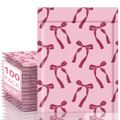 Fuxury Luftpolster-Versandtaschen, 15,2 x 22,9 cm, rosa Schleifen, niedliches Design, nutzbare Größe 15,2 x 22,9 cm, starke Haftung, gepolsterte Versandumschläge, dicke Versandtaschen für den Versand von Fuxury