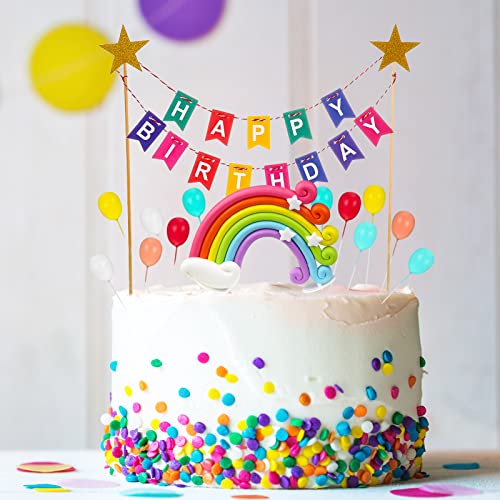 Fuyamp Rainbow Cake Topper, Tortendeko Geburtstag für Kinder Geburtstag Baby Shower, Einschließlich Regenbogen, "Happy Birthday" Kuchenaufsatz Banner, 12 Regenbogen Cupcake Ballons von Fuyamp