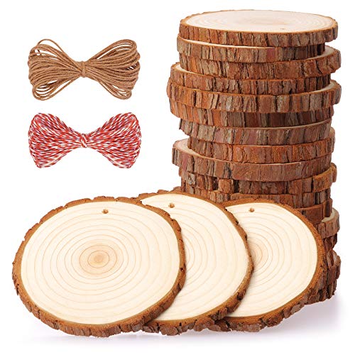 Fuyit Holzscheiben 20 Stücke Holz Log Scheiben 9-10cm mit Loch Unvollendete Holzkreise für DIY Handwerk Holz-Scheiben Hochzeit Mittelstücke Weihnachten Dekoration Baumscheibe(20st 3.5"-4") von Fuyit