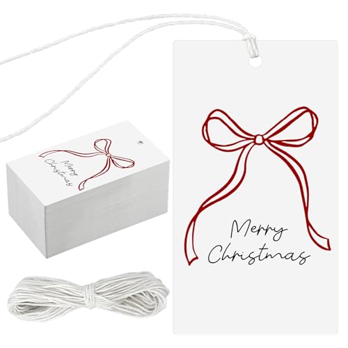 Fuyoooo Weihnachtsgeschenk-Etiketten mit Schnur für Geschenke, Geschenkpapier, Etiketten für Weihnachten, Party, Leckerli, Keksdekoration (Schleife), 100 Stück von Fuyoooo